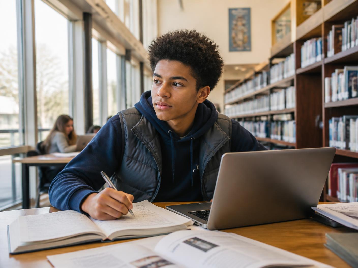 A student sitting at a library table with a laptop and open notebook, thinking about their next step.